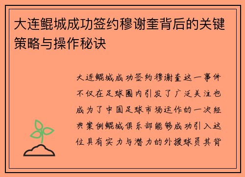 大连鲲城成功签约穆谢奎背后的关键策略与操作秘诀