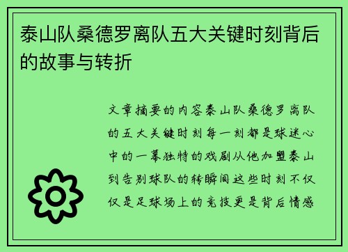 泰山队桑德罗离队五大关键时刻背后的故事与转折